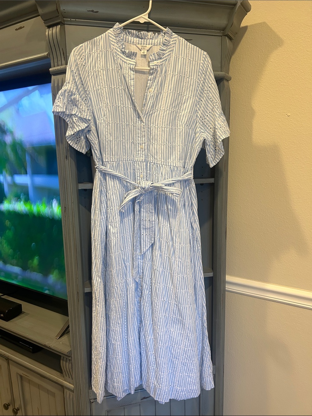 Crown & Ivy Light Blue Striped Tie-Waist Midi Dress